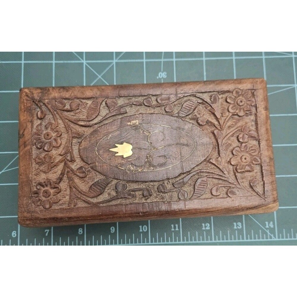 Vintage Carved Wooden Box Velvet Lined